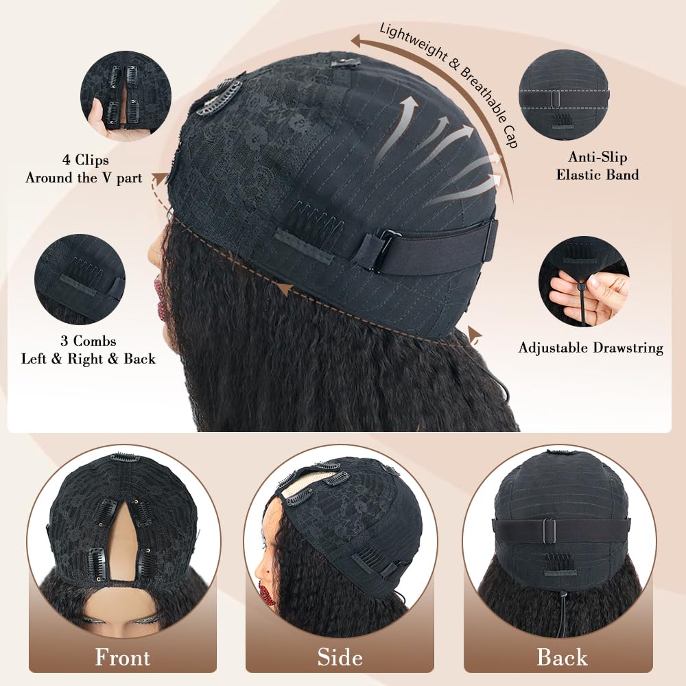 Kinky Straight V Part Wig Human Hair 18 Inch V Part Wig for Women with Drawstring 180% Density Upgrade Glueless U Part Wig No Leave Out No Sew in Kinky Straight Human Hair Wigs Natural Black