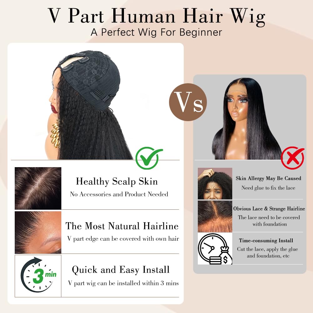 Kinky Straight V Part Wig Human Hair 18 Inch V Part Wig for Women with Drawstring 180% Density Upgrade Glueless U Part Wig No Leave Out No Sew in Kinky Straight Human Hair Wigs Natural Black