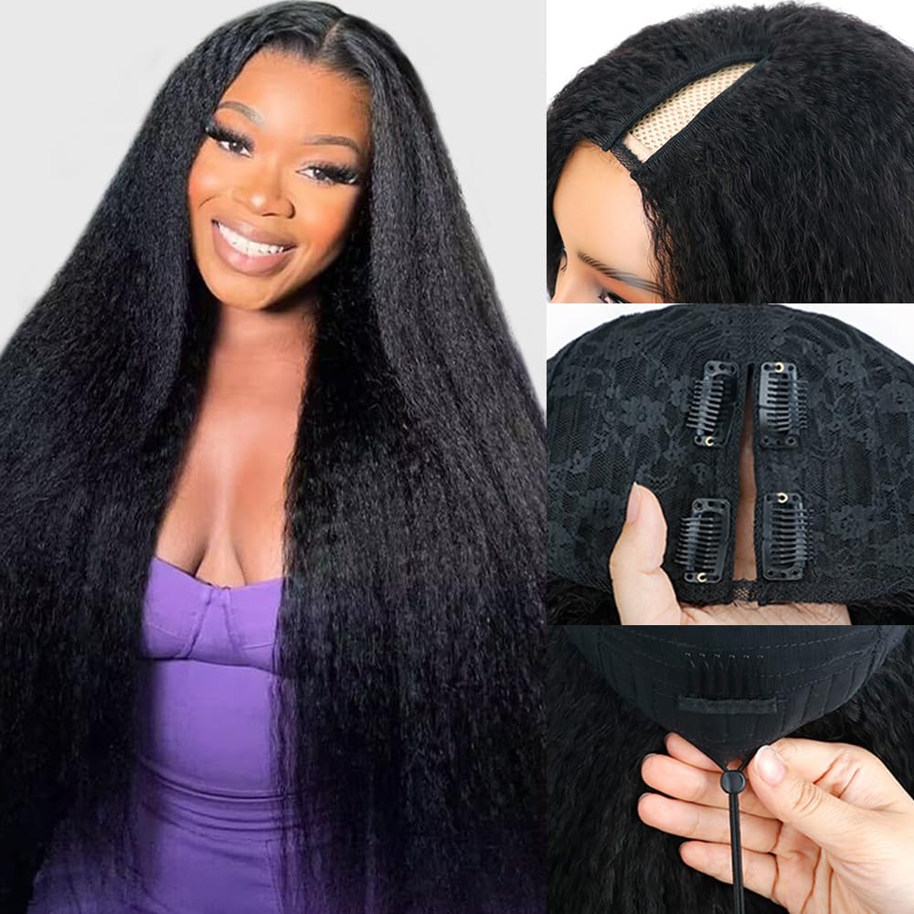 Kinky Straight V Part Wig Human Hair 18 Inch V Part Wig for Women with Drawstring 180% Density Upgrade Glueless U Part Wig No Leave Out No Sew in Kinky Straight Human Hair Wigs Natural Black