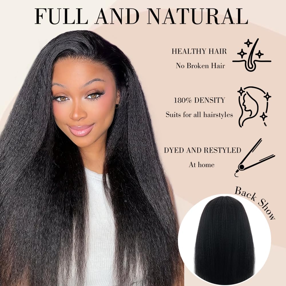 Kinky Straight V Part Wig Human Hair 18 Inch V Part Wig for Women with Drawstring 180% Density Upgrade Glueless U Part Wig No Leave Out No Sew in Kinky Straight Human Hair Wigs Natural Black