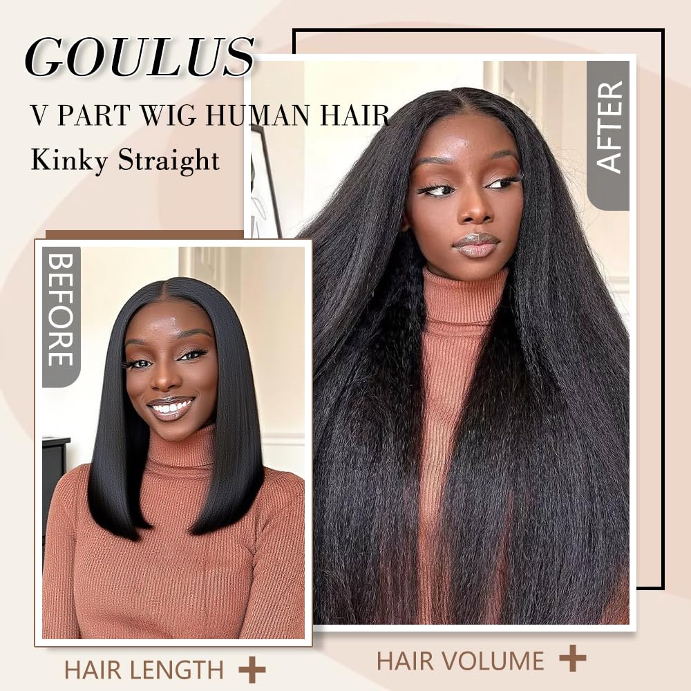 Kinky Straight V Part Wig Human Hair 18 Inch V Part Wig for Women with Drawstring 180% Density Upgrade Glueless U Part Wig No Leave Out No Sew in Kinky Straight Human Hair Wigs Natural Black