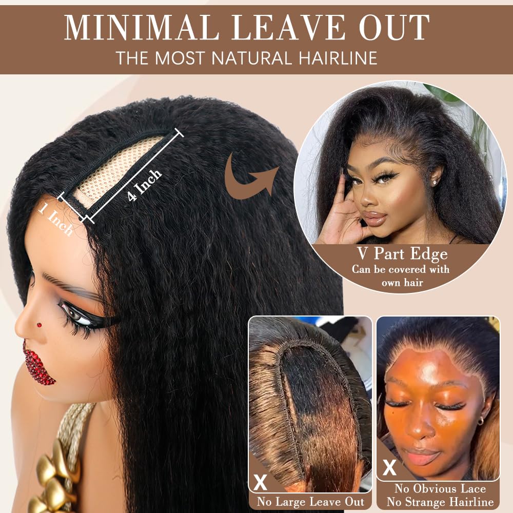 Kinky Straight V Part Wig Human Hair 18 Inch V Part Wig for Women with Drawstring 180% Density Upgrade Glueless U Part Wig No Leave Out No Sew in Kinky Straight Human Hair Wigs Natural Black